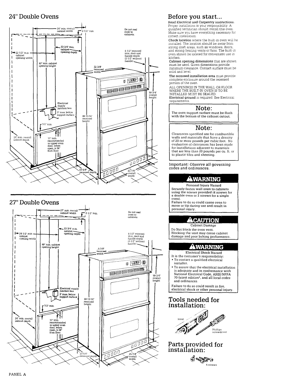 Roper manual 24” Double Ovens 27” Double Ovens, Before you start, Tools needed for installation 