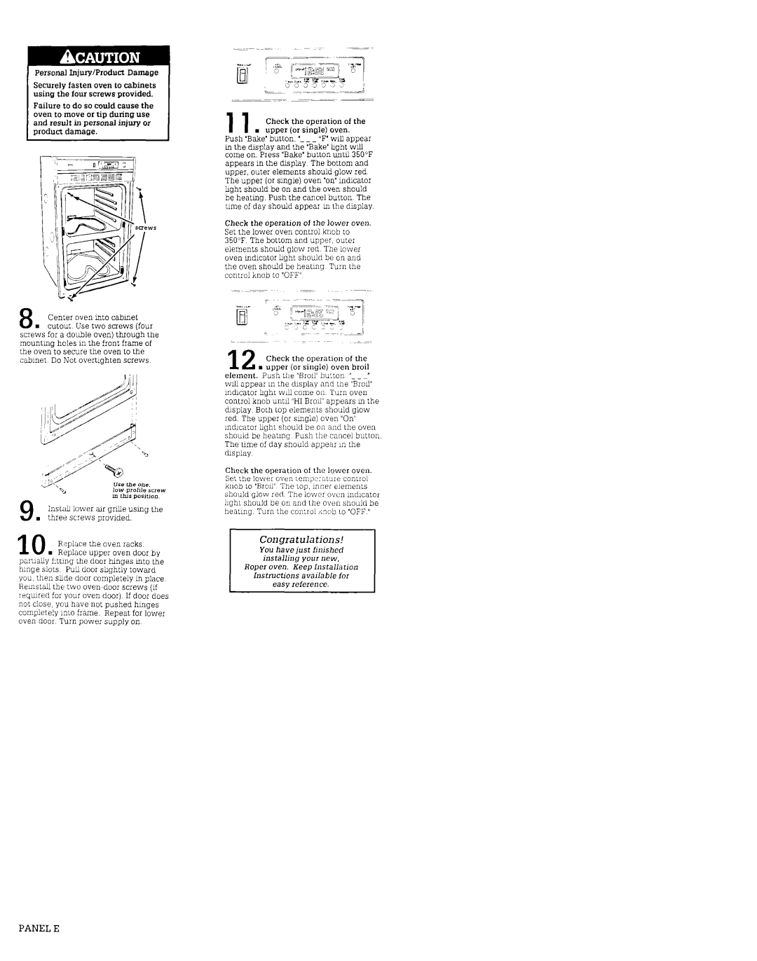 Roper Double Oven manual Congratulations, Panel E, Personal Injury/Product Damage, Center oven mto cabmet 