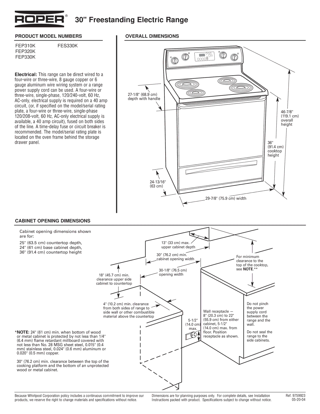 Roper dimensions Freestanding Electric Range, Product Model Numbers, FEP310K FES330K FEP320K FEP330K 