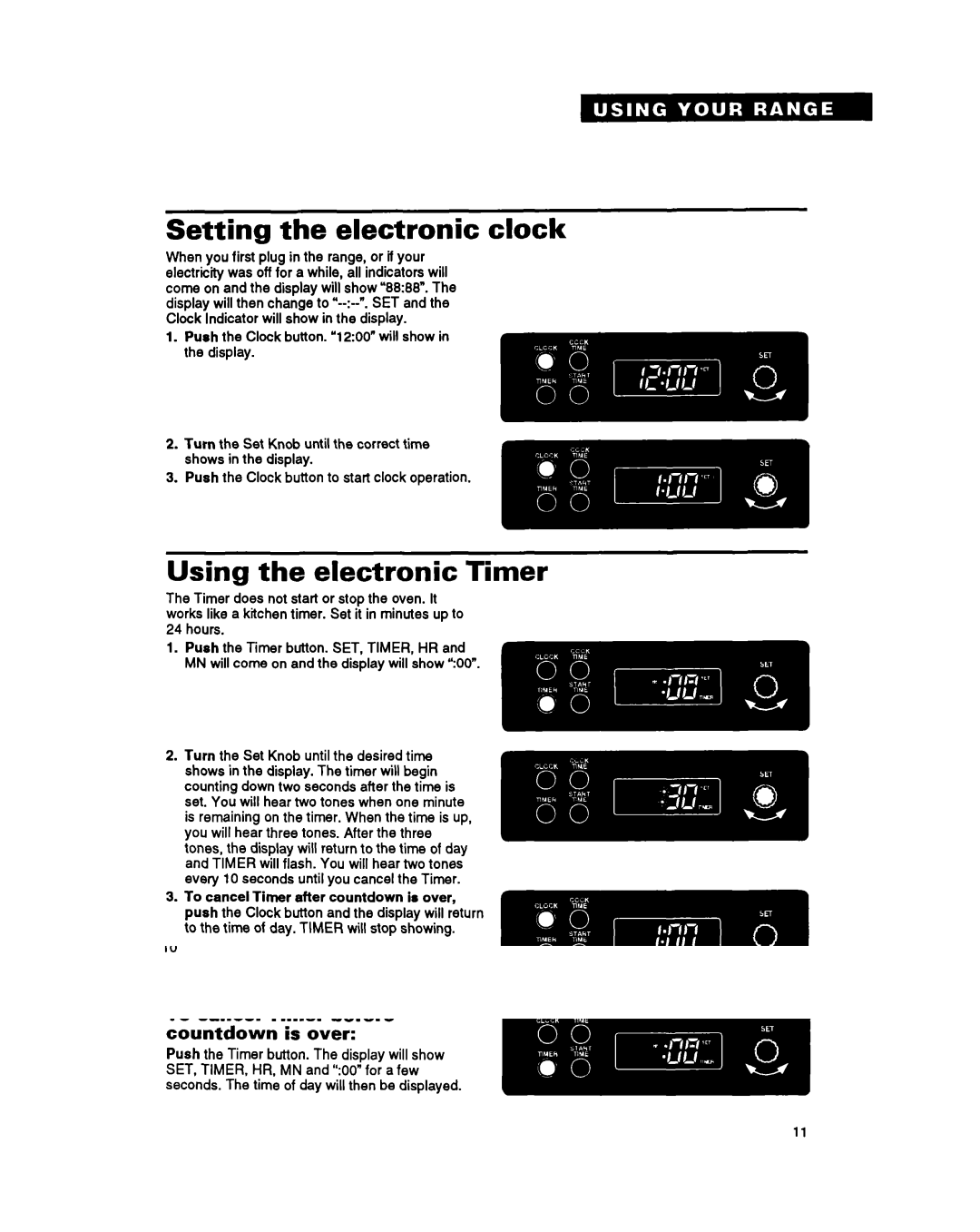 Roper FEP350Y warranty Setting the electronic clock, Using the electronic Timer, To cancel Timer before Countdown is over 