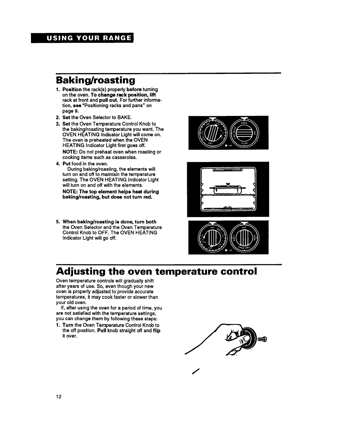 Roper FEP350Y warranty Baking/roasting, Adjusting the oven temperature control 