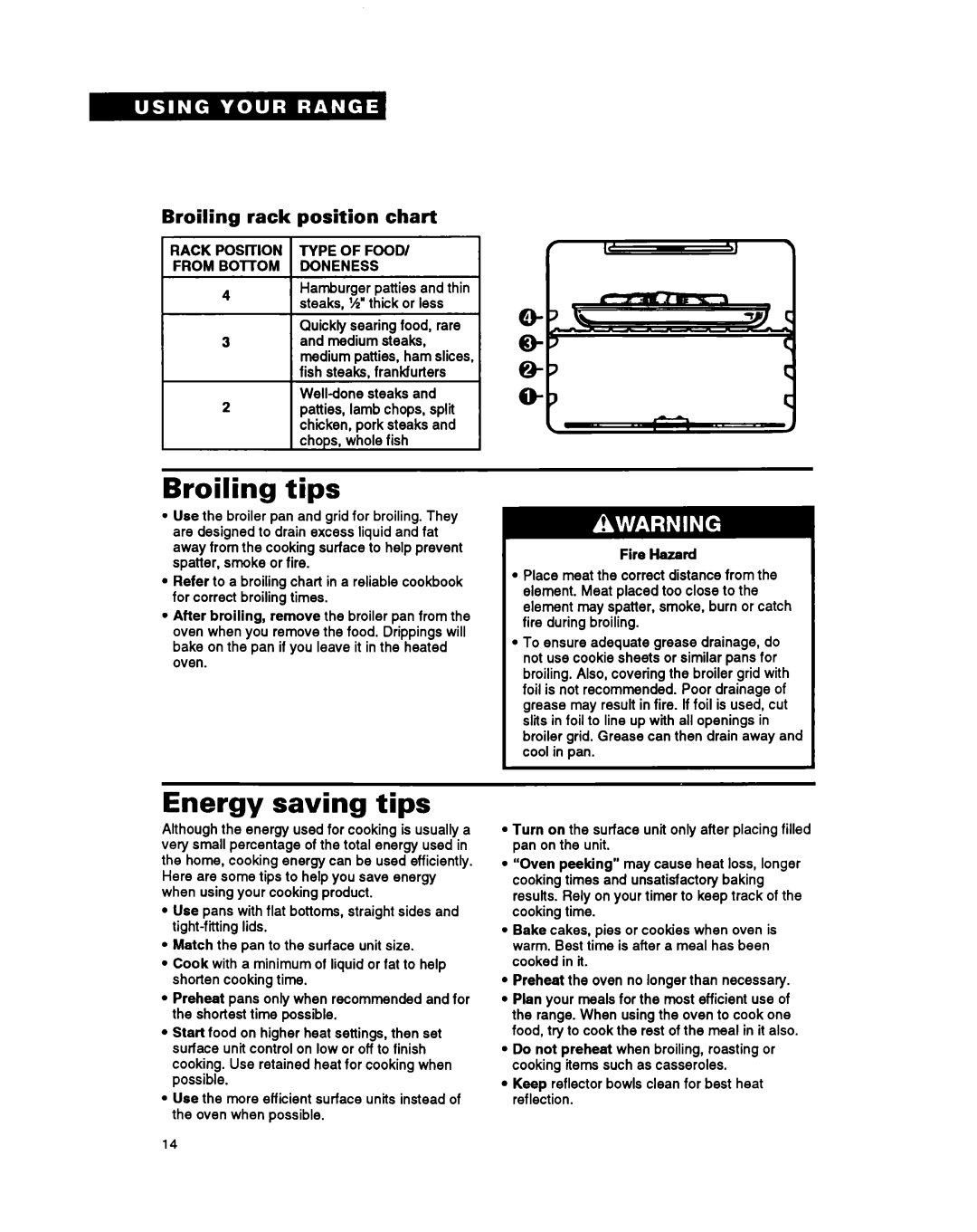 Roper FEP350Y warranty Broiling tips, Energy saving tips, Broiling rack position chart, Type of Food Doneness 