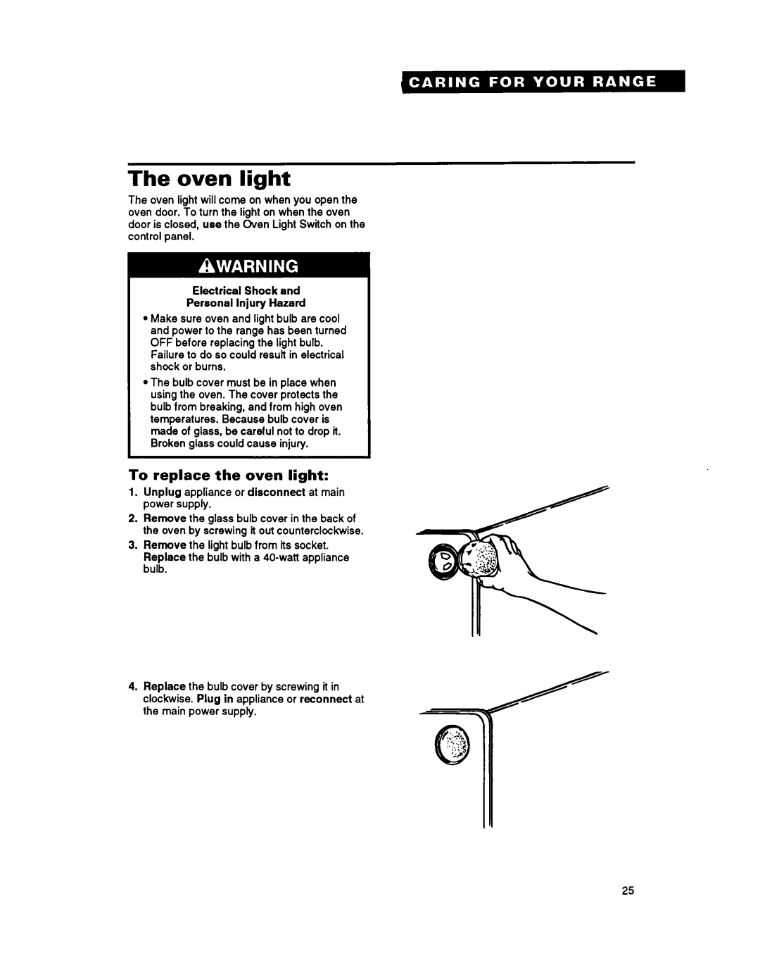 Roper FEP350Y warranty Oven light, To replace the oven light 