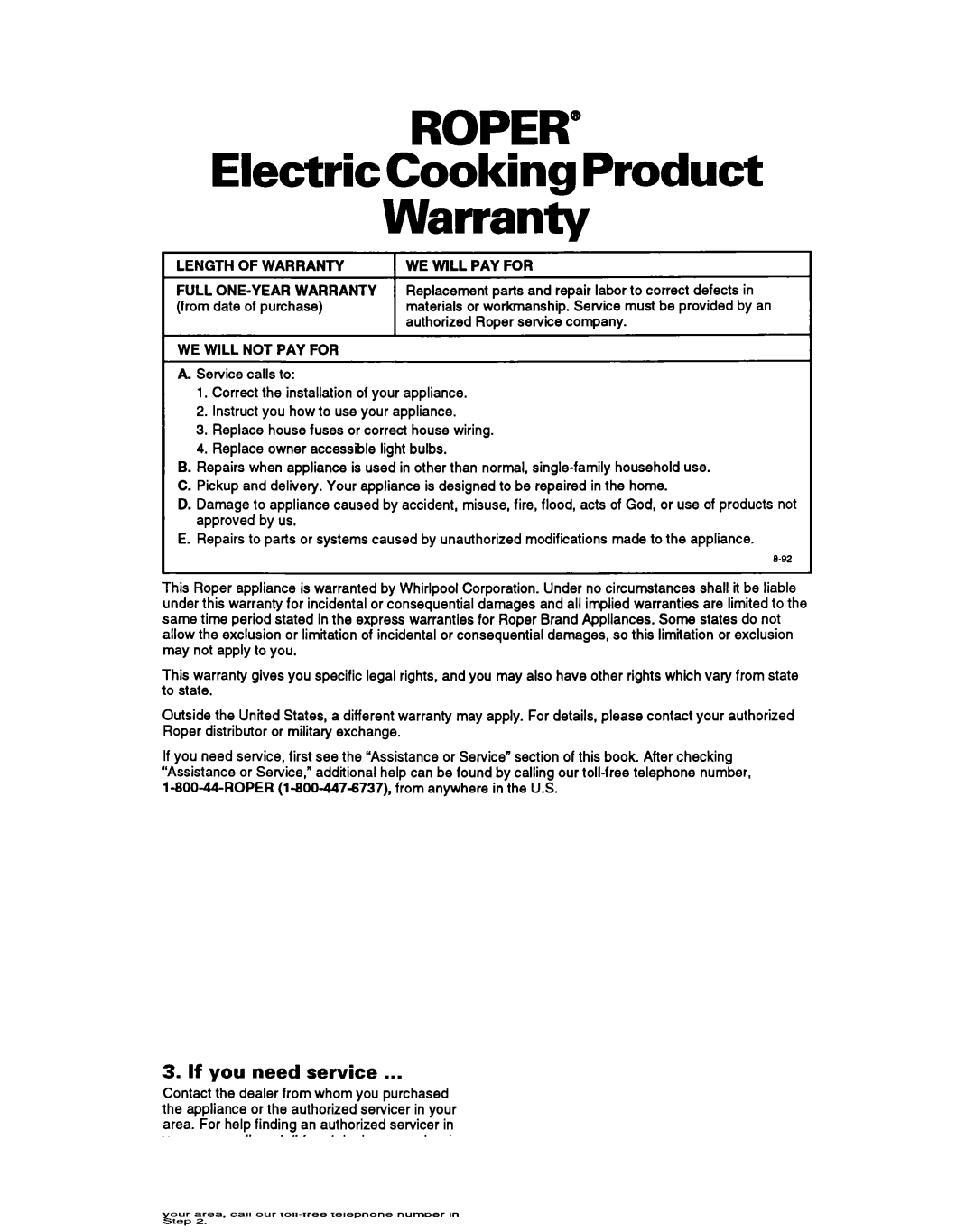 Roper FEP350Y warranty Electric Cooking Product, Length of Warranty, WE will not PAY for, WE will PAY for 