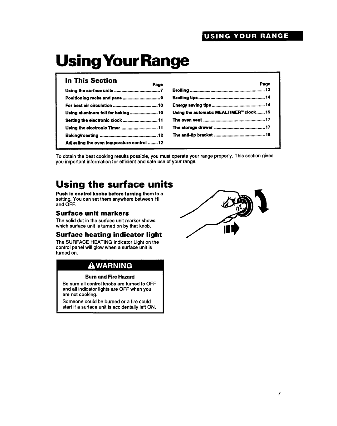 Roper FEP350Y warranty Using Your Range, Using the surface units, This Section Paw, Surface unit markers 