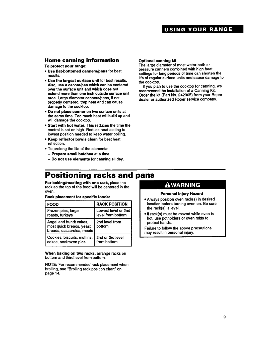 Roper FEP350Y warranty Positioning racks, Pans, Home canning information 