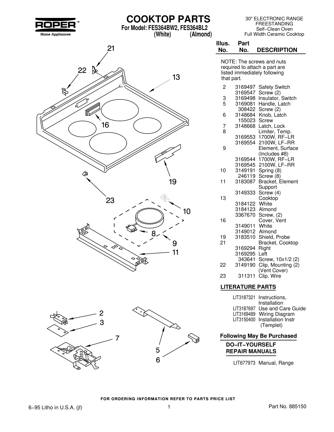 Roper FES364BW2, FES364BL2 manual Cooktop Parts, White Almond, Literature Parts, DO−IT−YOURSELF Repair Manuals 