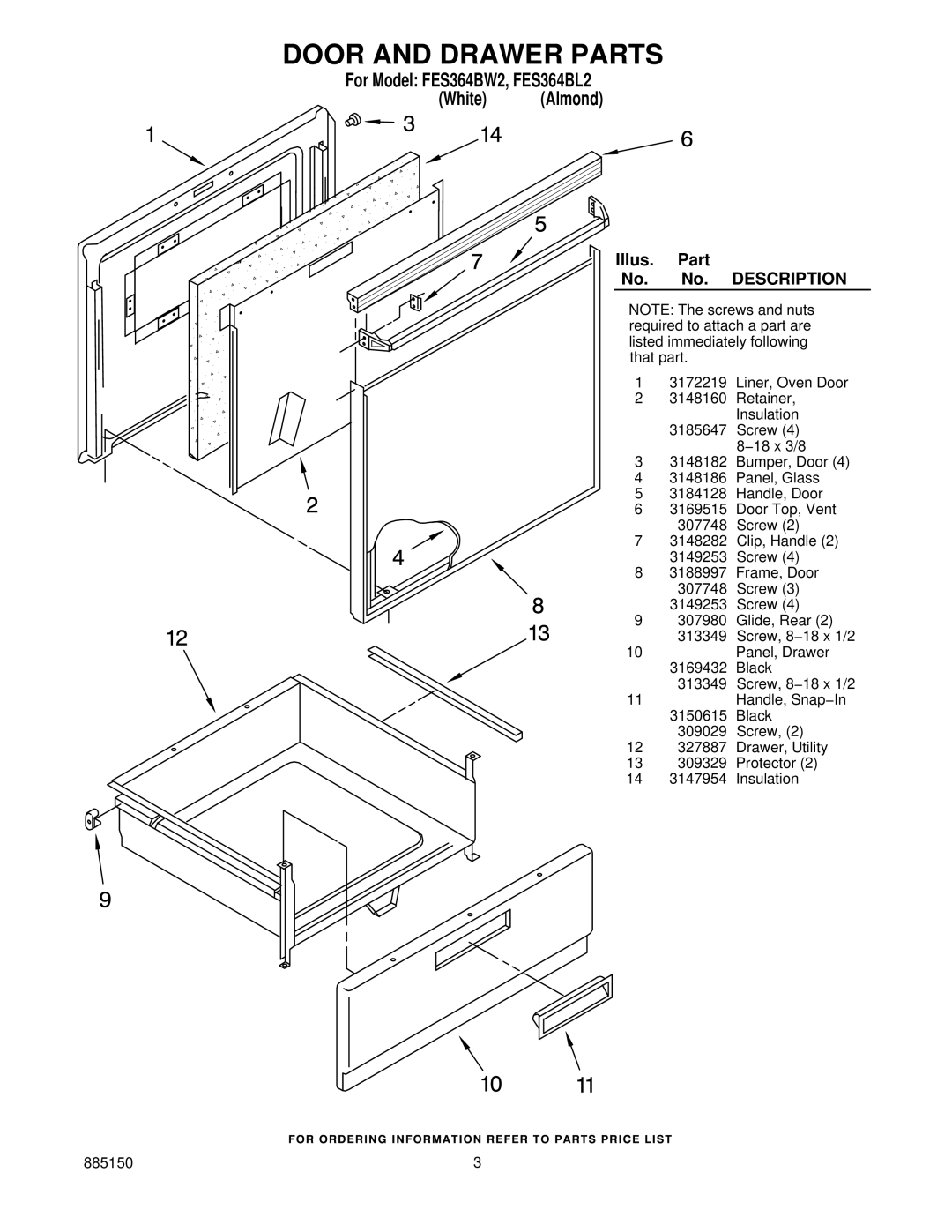 Roper FES364BW2, FES364BL2 manual Door and Drawer Parts 