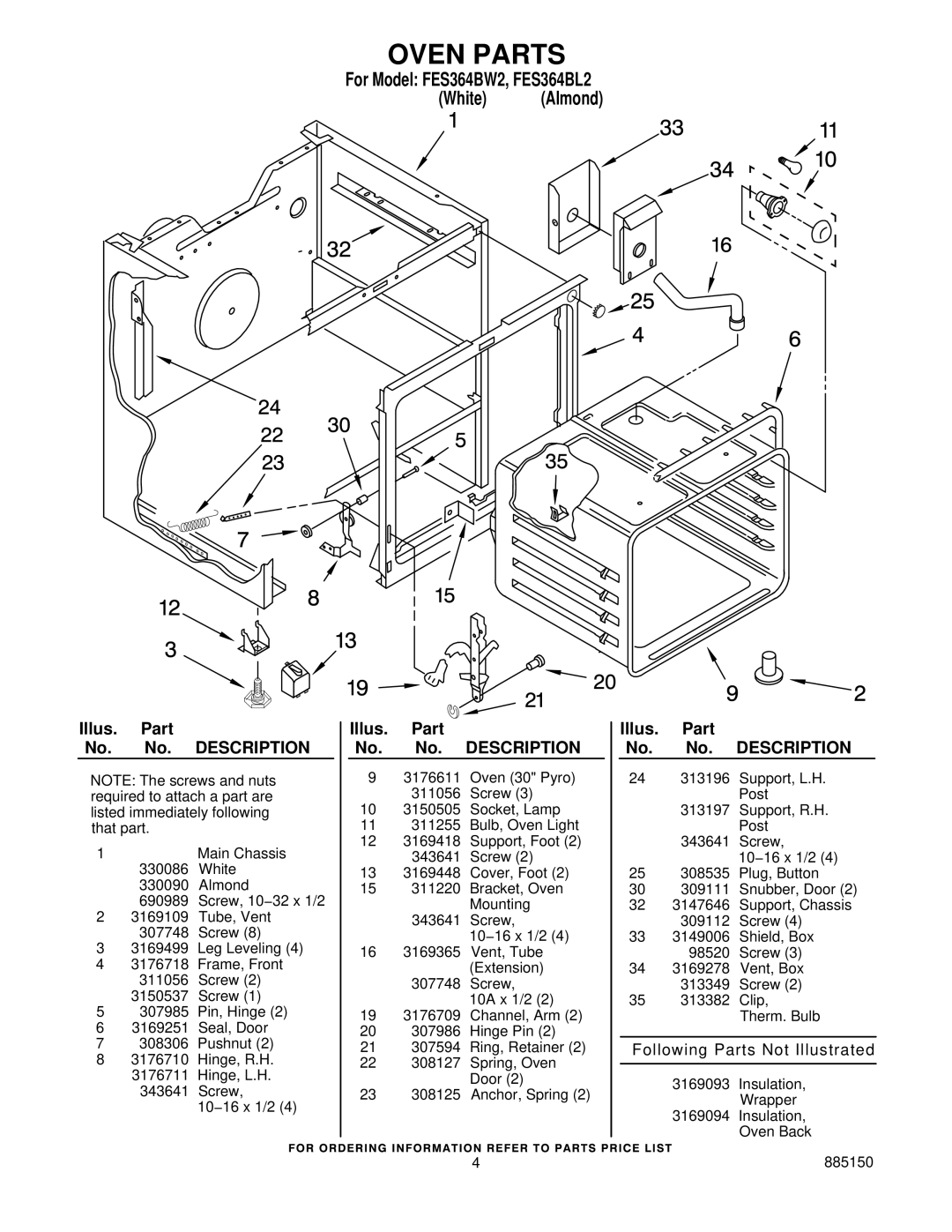 Roper FES364BL2, FES364BW2 manual Oven Parts 