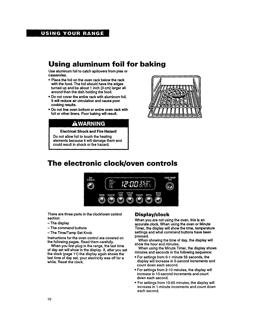 Roper FES385Y warranty Using aluminum foil for baking, Electronic clock/oven controls, Display/clock 