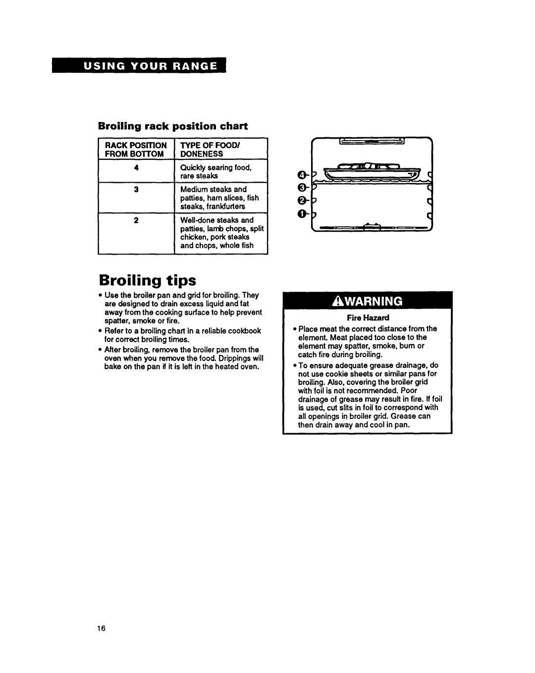 Roper FES385Y warranty Broiling tips, Broiling rack position chart, From Bottom Doneness 