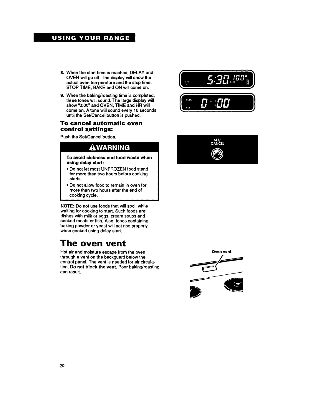 Roper FES385Y warranty Oven Vent, To cancel automatic oven control qettings 