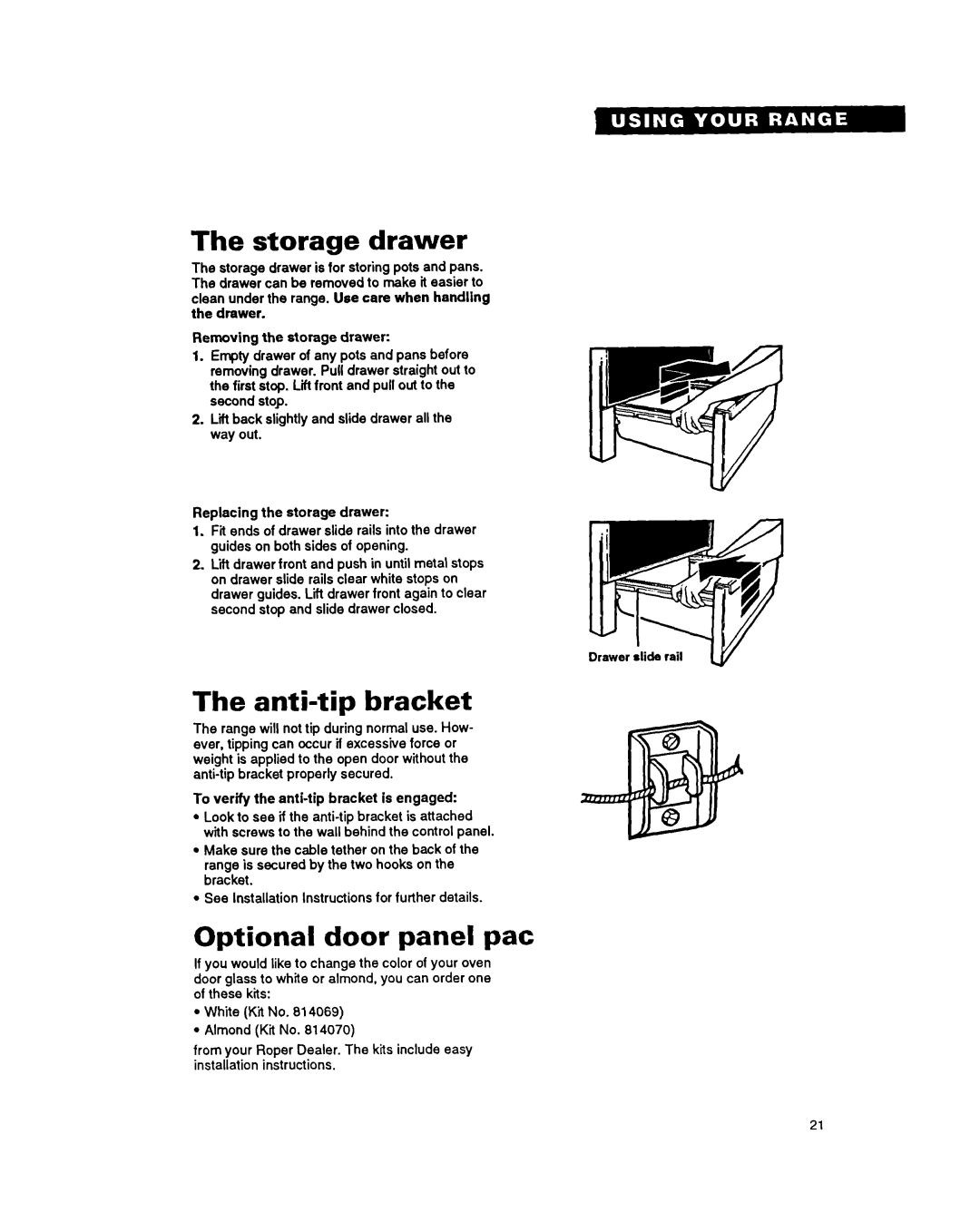 Roper FES385Y warranty Storage drawer, Anti-tip bracket, Optional door panel pat 