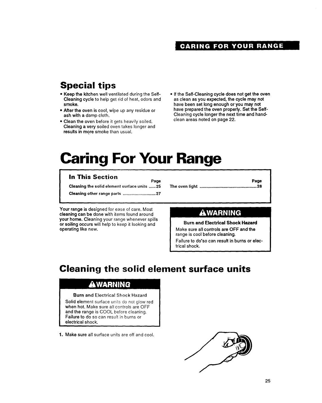 Roper FES385Y warranty Caring For Your Range, Special Tips, Cleaning the solid element surface units, This Section 