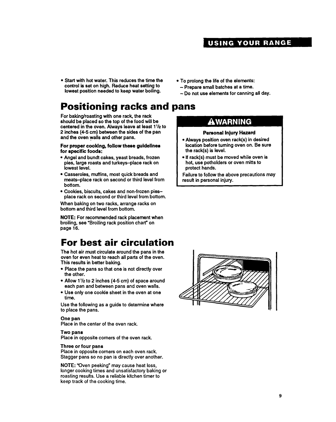 Roper FES385Y warranty Positioning racks, For best air circulation, Pans 