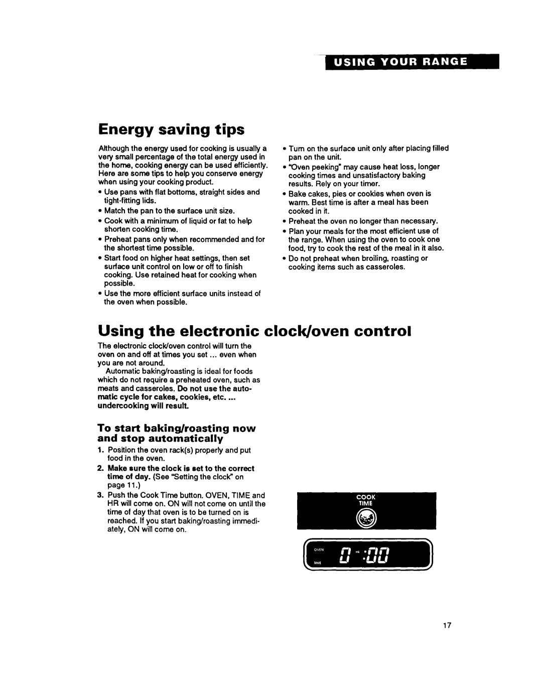 Roper FES385Y warranty Energy saving tips, Using the electronic clock/oven control 