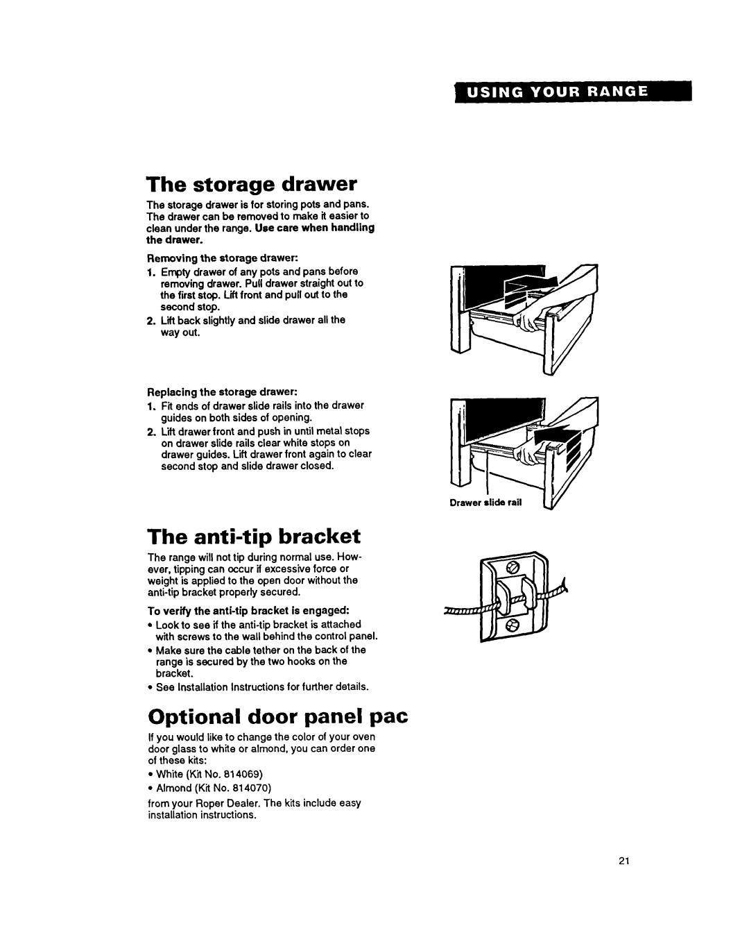 Roper FES385Y warranty The storage drawer, The anti-tipbracket, Optional door panel pat 