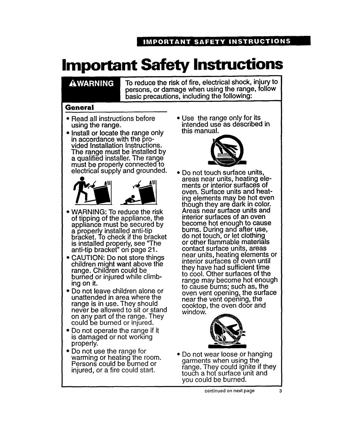 Roper FES385Y warranty Important Safety Instructions 
