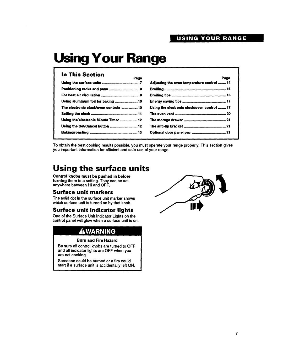 Roper FES385Y warranty Using Your Range, Using the surface units, This, Section, Surface unit markers 