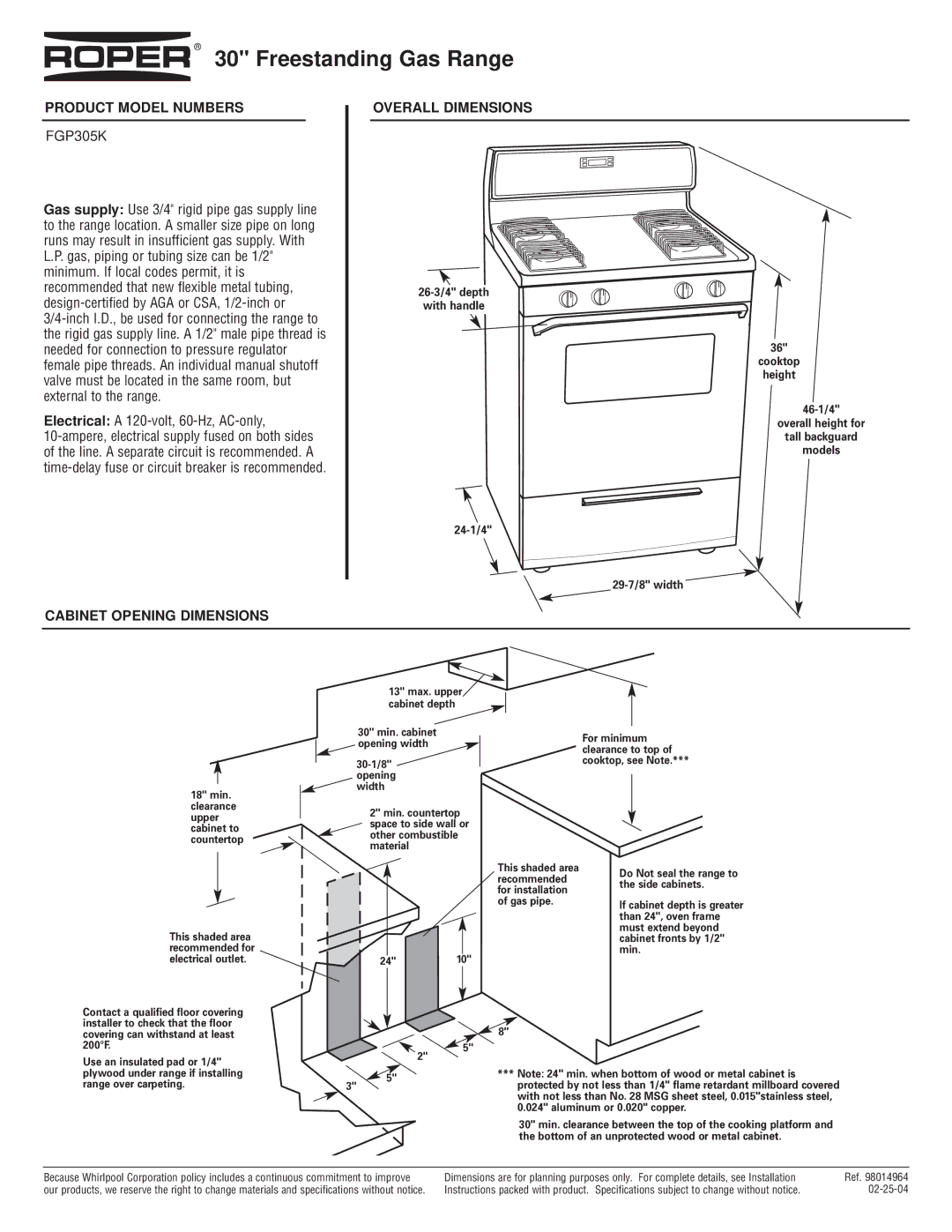 Roper FGP305K dimensions Freestanding Gas Range, Product Model Numbers, Overall Dimensions, Cabinet Opening Dimensions 