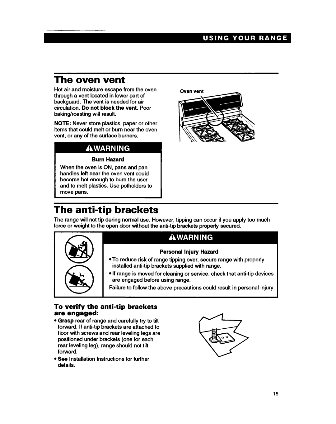 Roper FGP335B warranty Oven vent, Anti-tip brackets, To verify the anti-tip brackets are engaged, Burn Hazard 