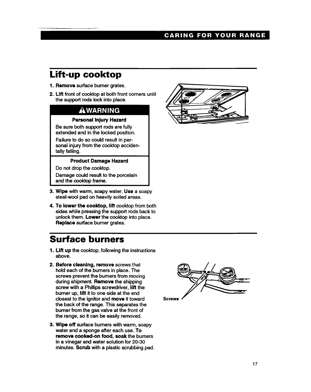 Roper FGP335B warranty Lift-up cooktop, Surface burners, Replace surface burner grates 