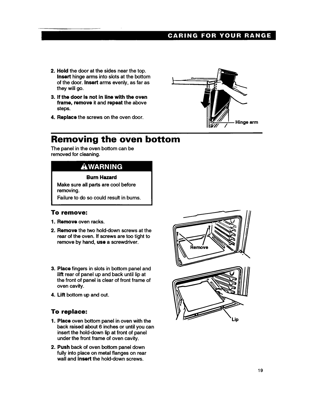 Roper FGP335B warranty Removing the oven bottom, Burn Hazard 