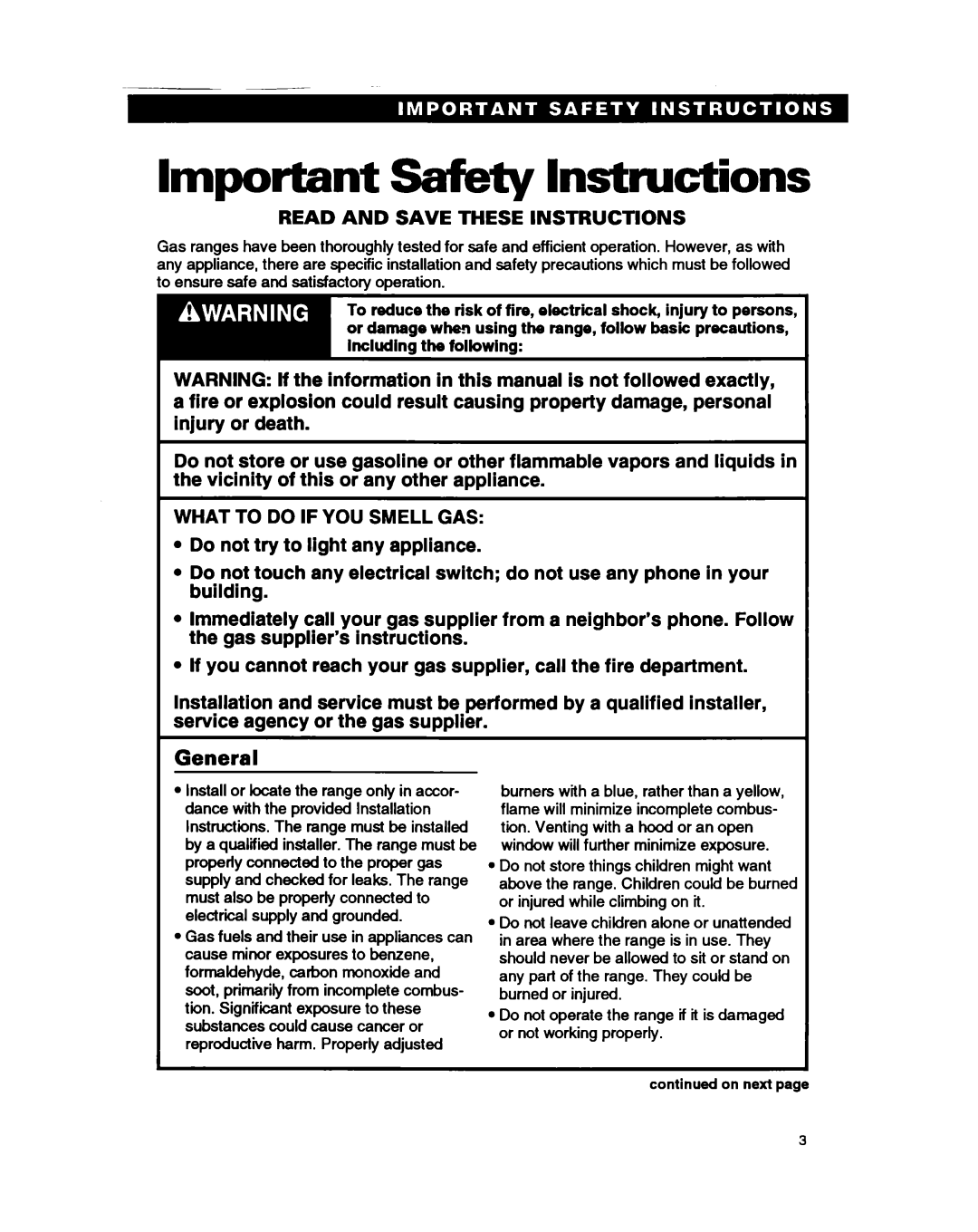 Roper FGP335B warranty Important safety Instructions, Read and Save These Instructions 