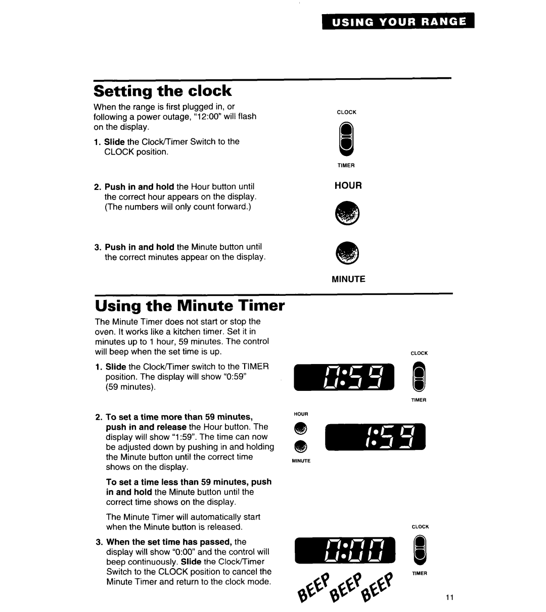 Roper FGP335Y important safety instructions Setting the clock, Using the Minute Timer, Hour Minute 