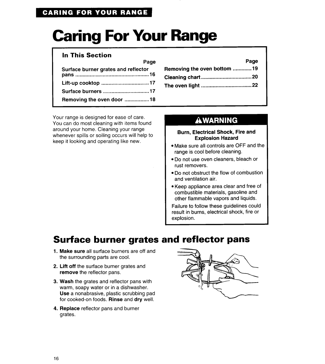 Roper FGP335Y important safety instructions Caring For Your Range, Surface burner grates and reflector pans, This Section 