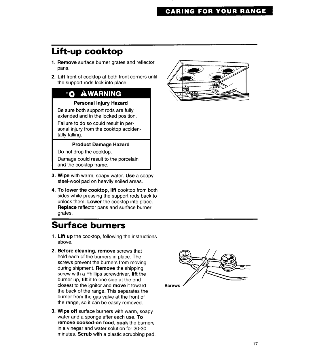 Roper FGP335Y important safety instructions Lift-up cooktop, Surface burners 