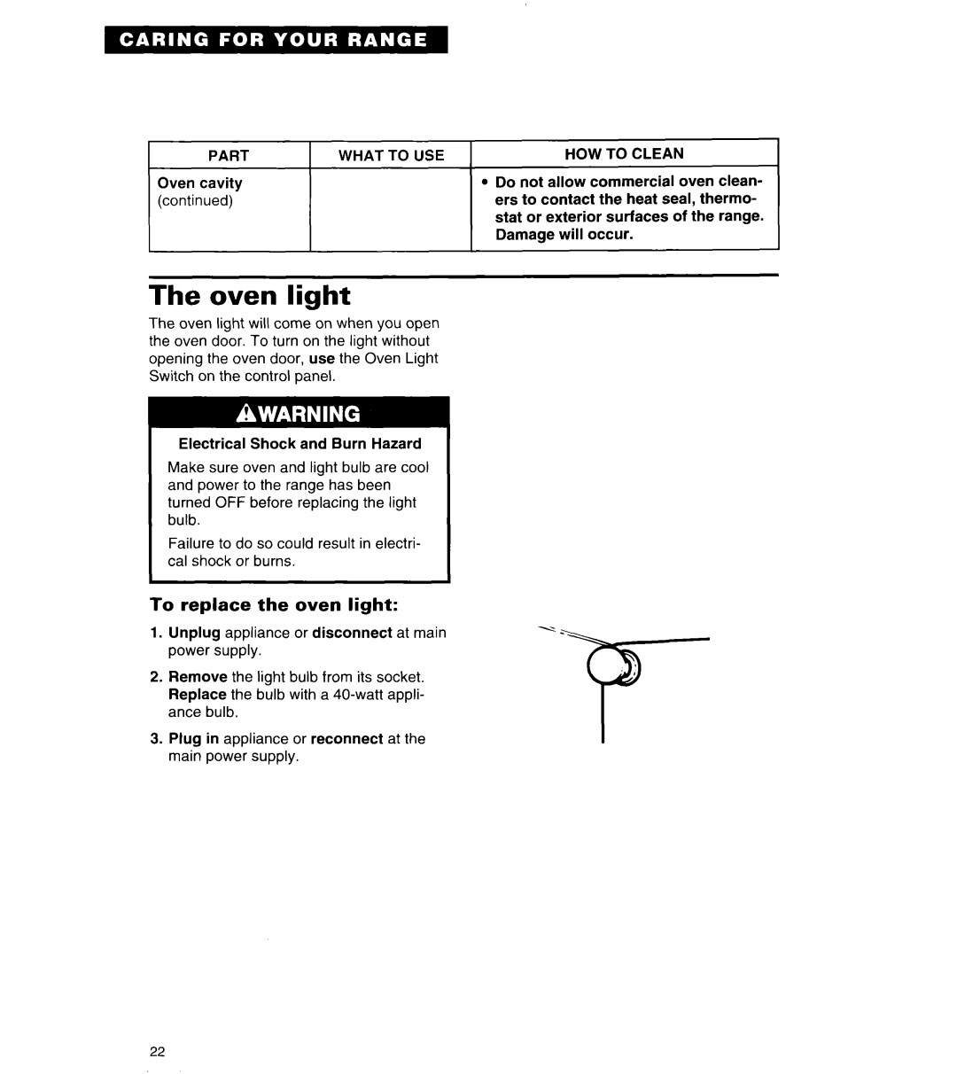 Roper FGP335Y important safety instructions Oven light, To replace the oven light, Part What to USE HOW to Clean 