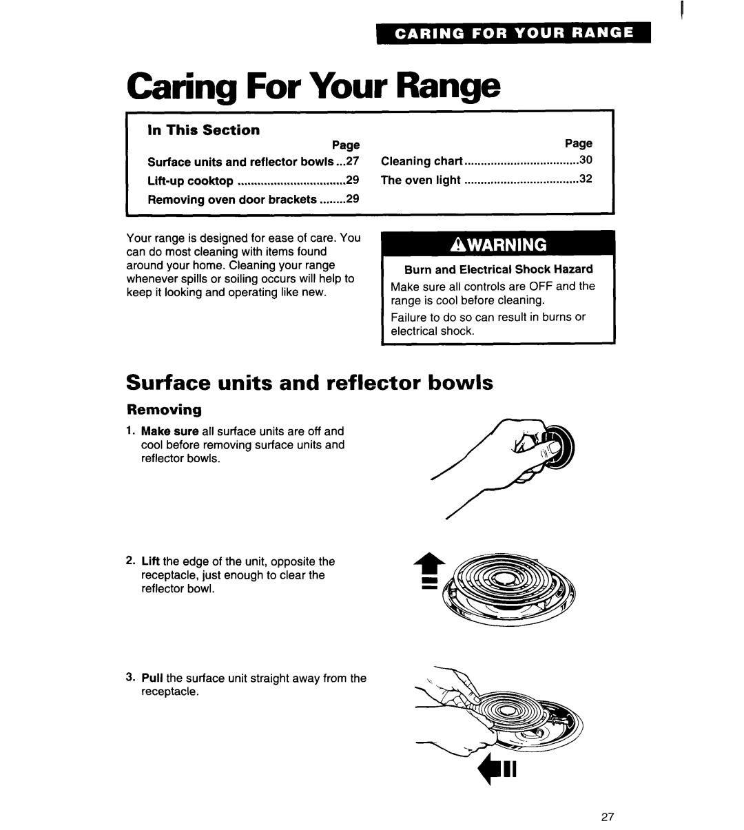 Roper FGP335Y important safety instructions Surface units and reflector bowls, Removing 