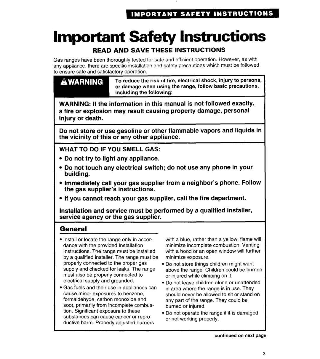 Roper FGP335Y important safety instructions Important Safety Instructions, Read and Save These Instructions 