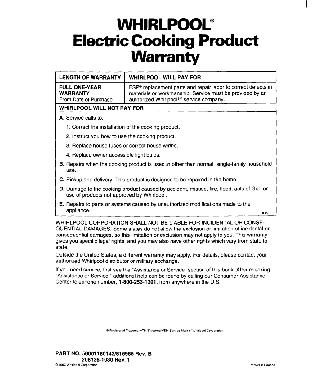 Roper FGP335Y Electric Cooking Product Warranty, Length of Warranty Whirlpool will PAY for Full ONE-YEAR 