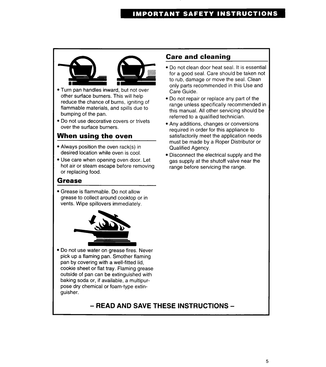 Roper FGP335Y important safety instructions When using the oven, Grease, Care and cleaning 