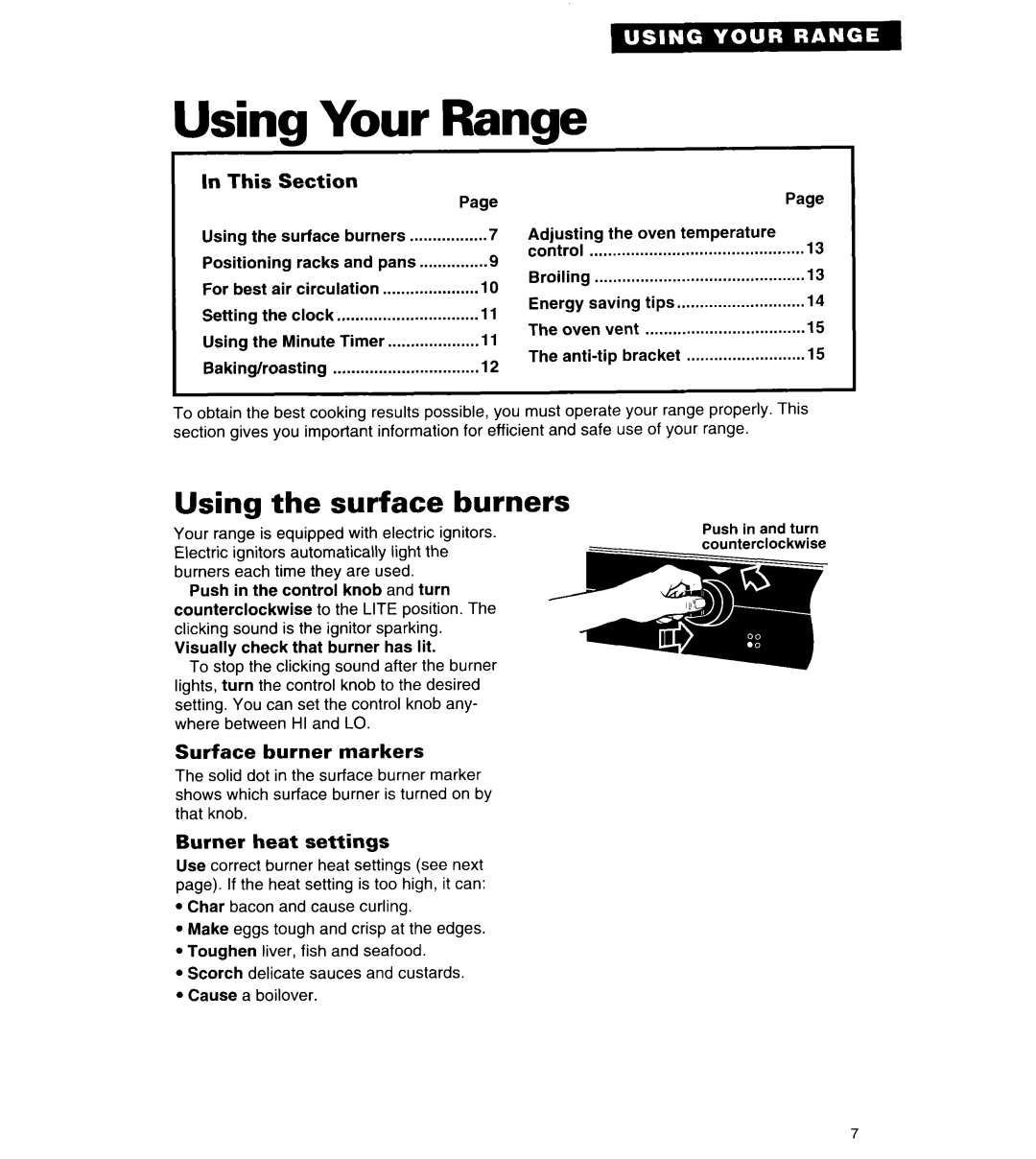 Roper FGP335Y Your Range, Using the surface burners, This, Surface burner markers, Burner heat settings 