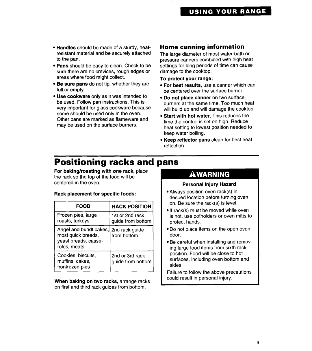 Roper FGP335Y important safety instructions Positioning racks, Pans, Home canning information, Food 