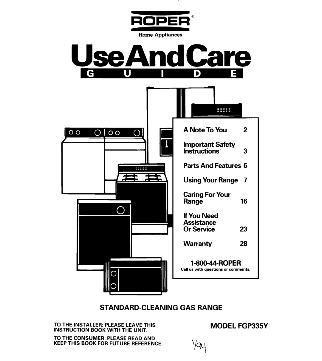 Roper important safety instructions UseAndCare, Standard-Cleaninggas Range, MODEL FGP335Y 