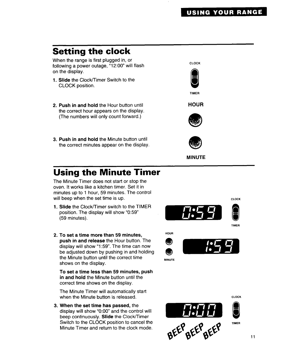 Roper FGP335Y important safety instructions Setting the clock, Using the Minute Timer 