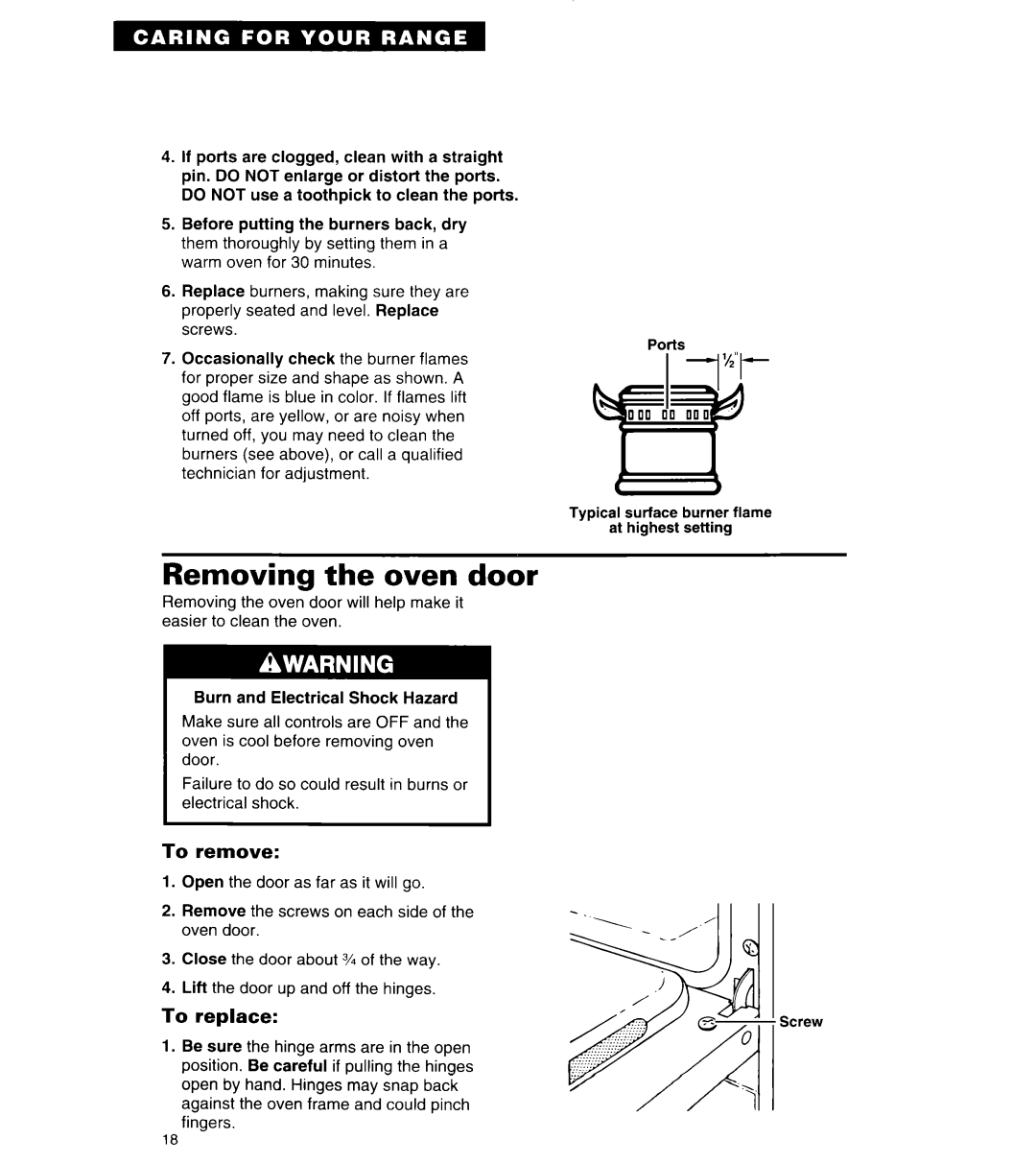 Roper FGP335Y important safety instructions Removing the oven door, To remove, To replace 