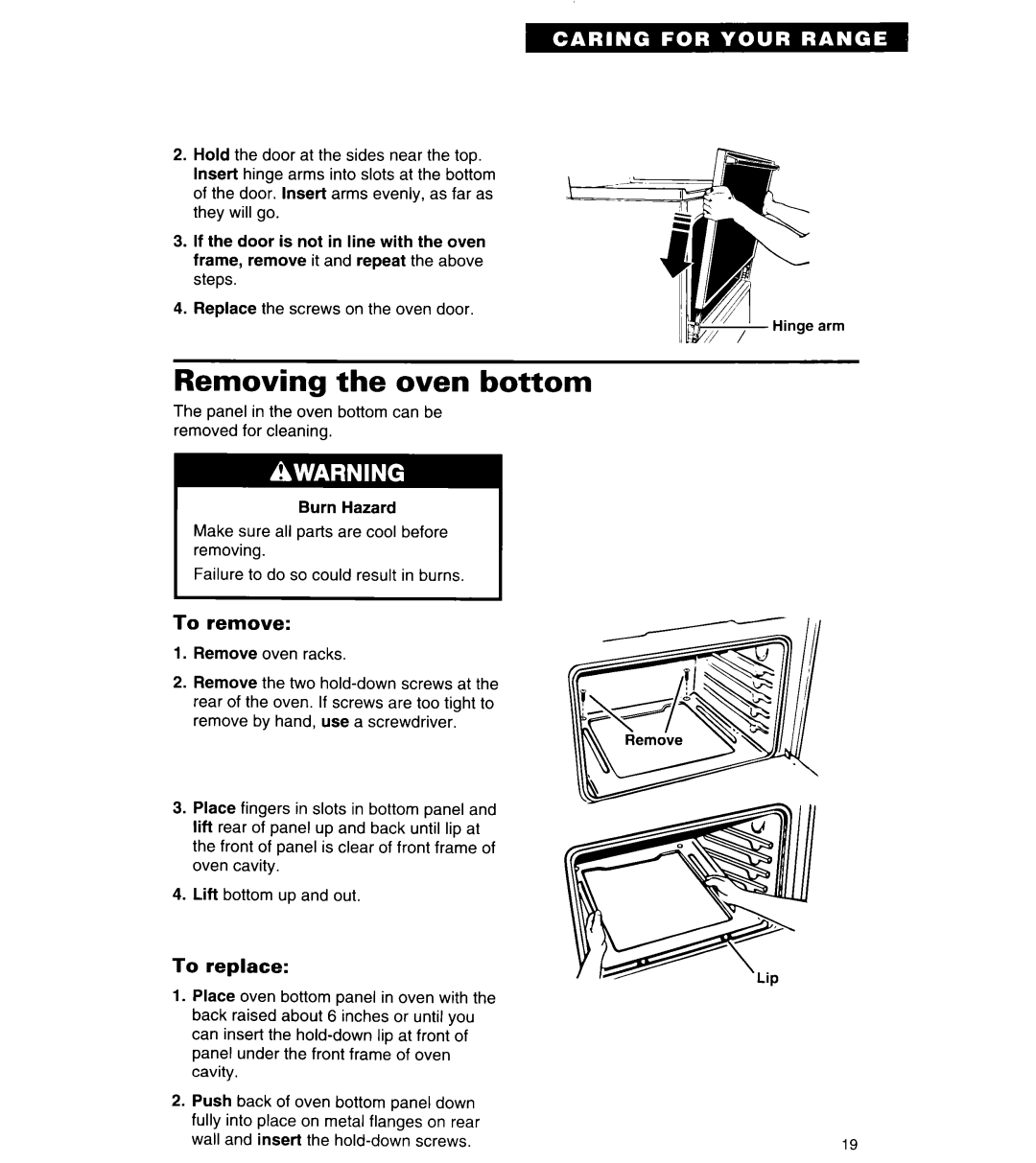 Roper FGP335Y important safety instructions Removing the oven bottom, To remove, To replace 