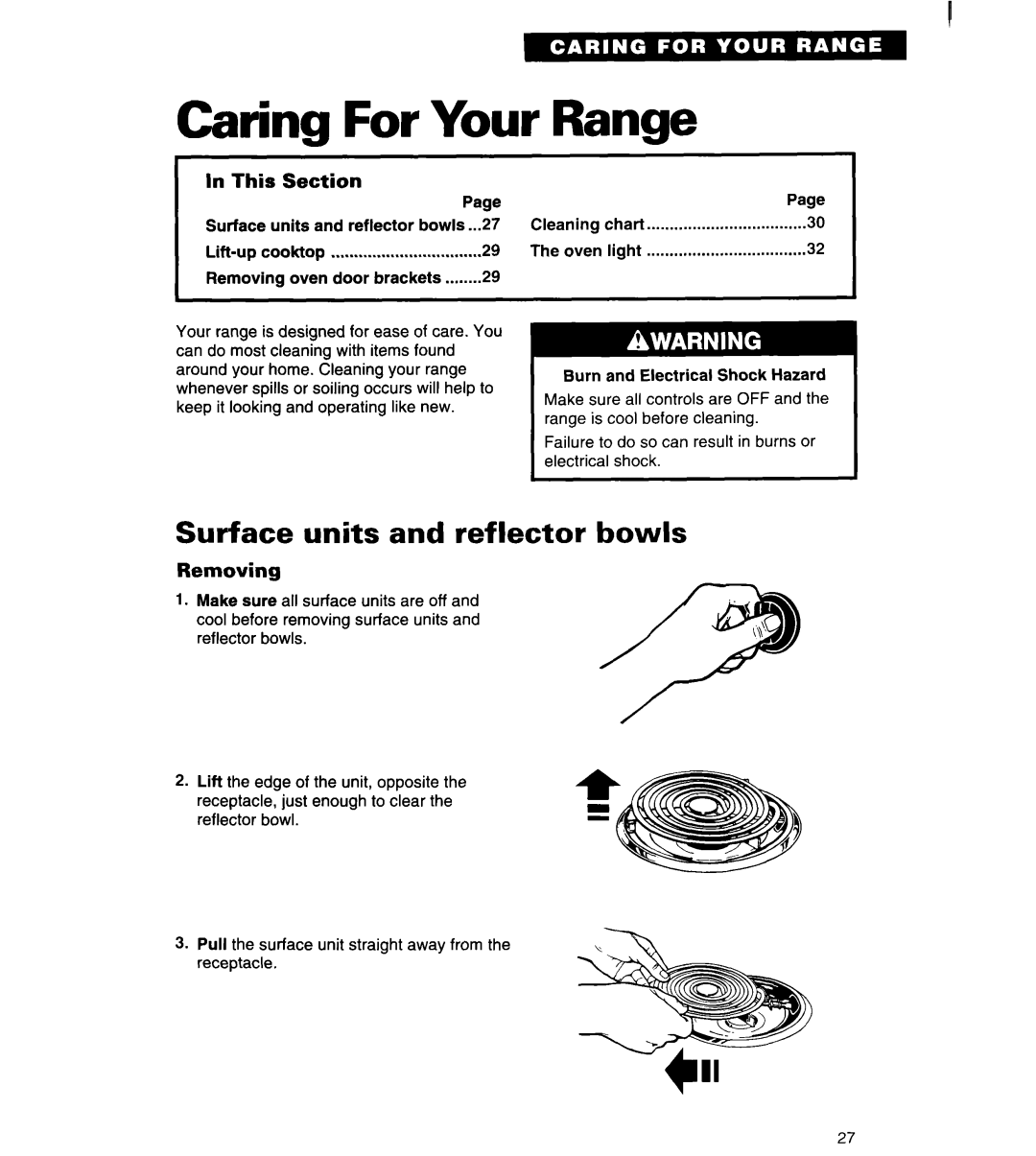 Roper FGP335Y Surface units and reflector bowls, Caring For Your Range, In This Section, Removing 