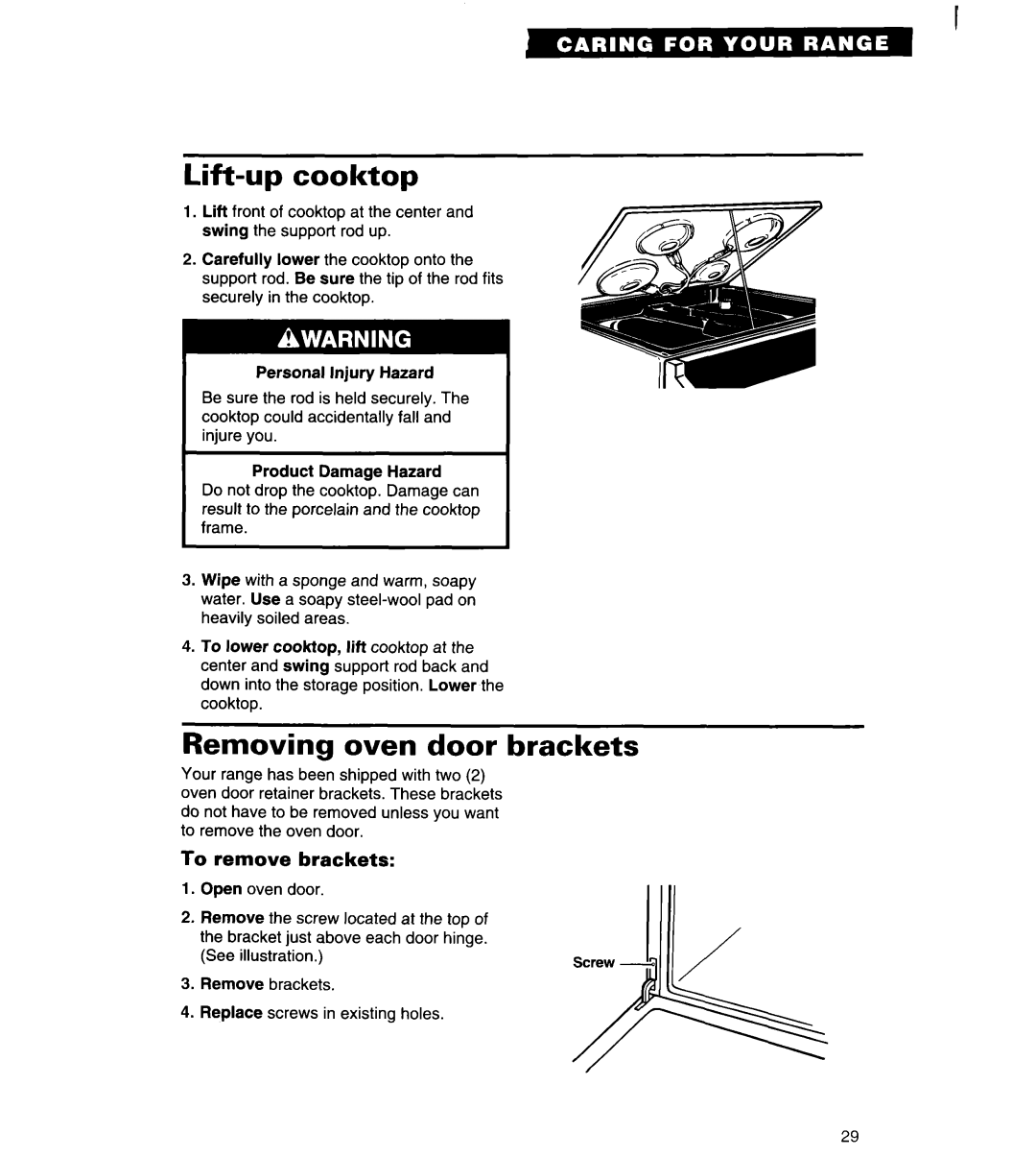 Roper FGP335Y important safety instructions Removing oven door brackets, Lift-upcooktop, To remove brackets 