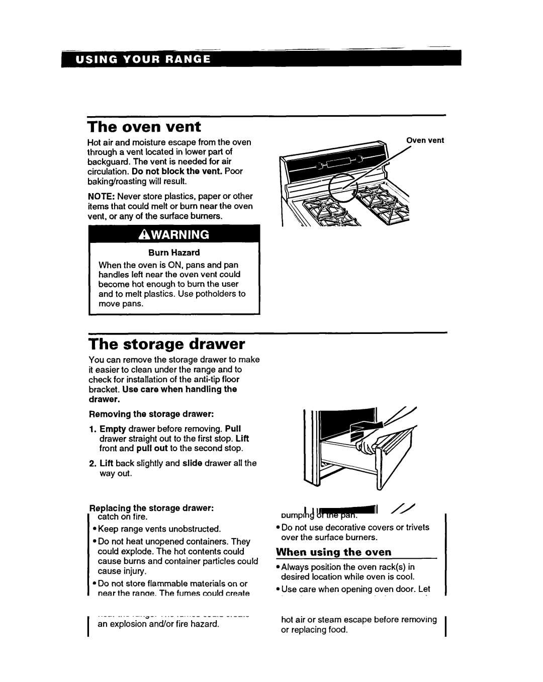 Roper FGS395B important safety instructions Oven vent, Storage drawer 