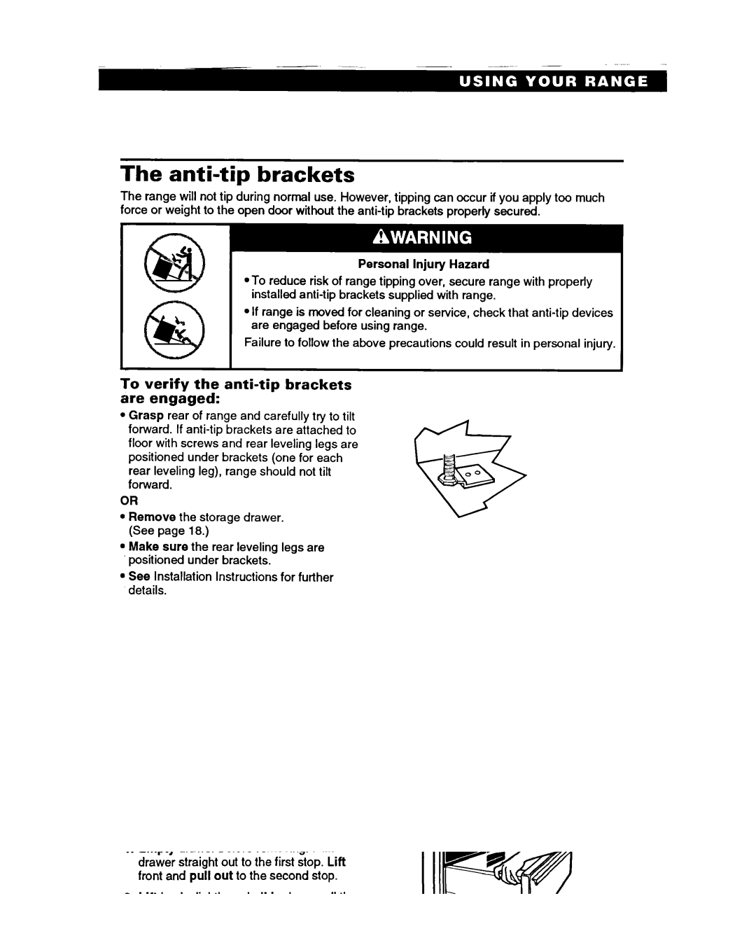 Roper FGS395B important safety instructions Anti-tip brackets, To verify the anti-tip brackets are engaged 