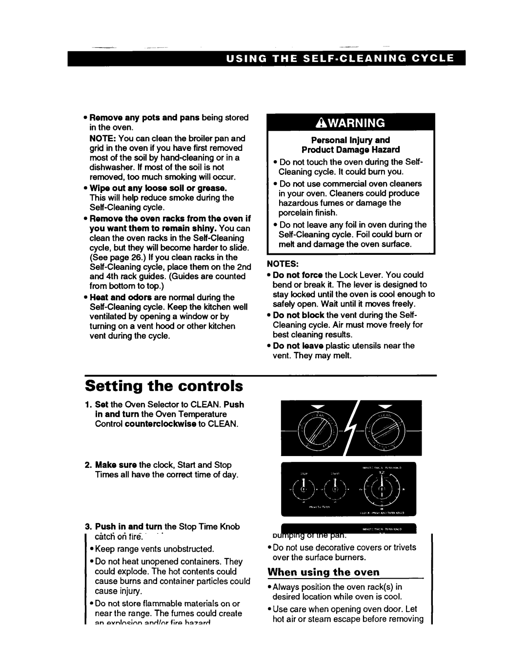 Roper FGS395B important safety instructions Setting the controls, Remove any pots and pans being stored 