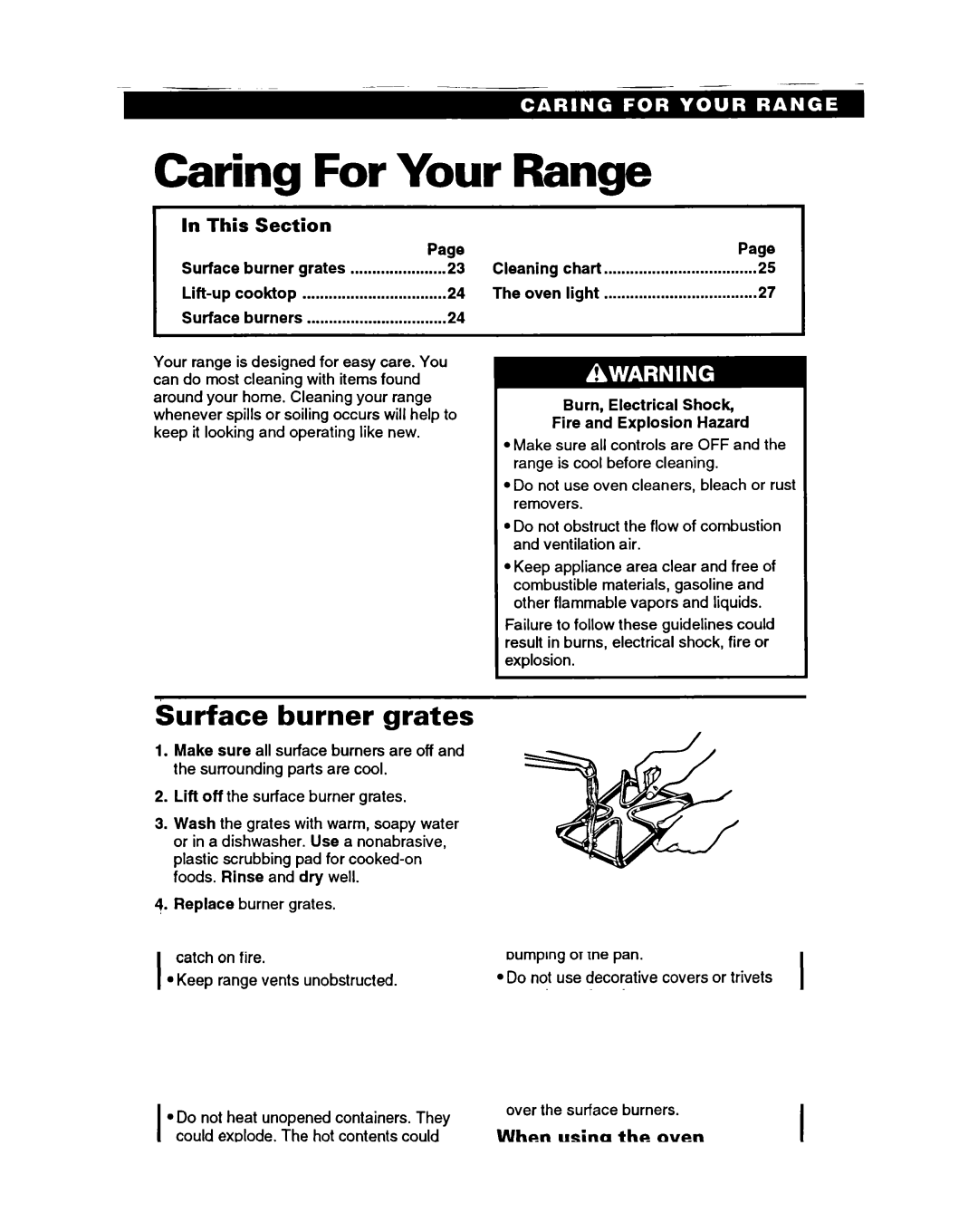 Roper FGS395B important safety instructions Caring For Your Range, Surface burner grates 