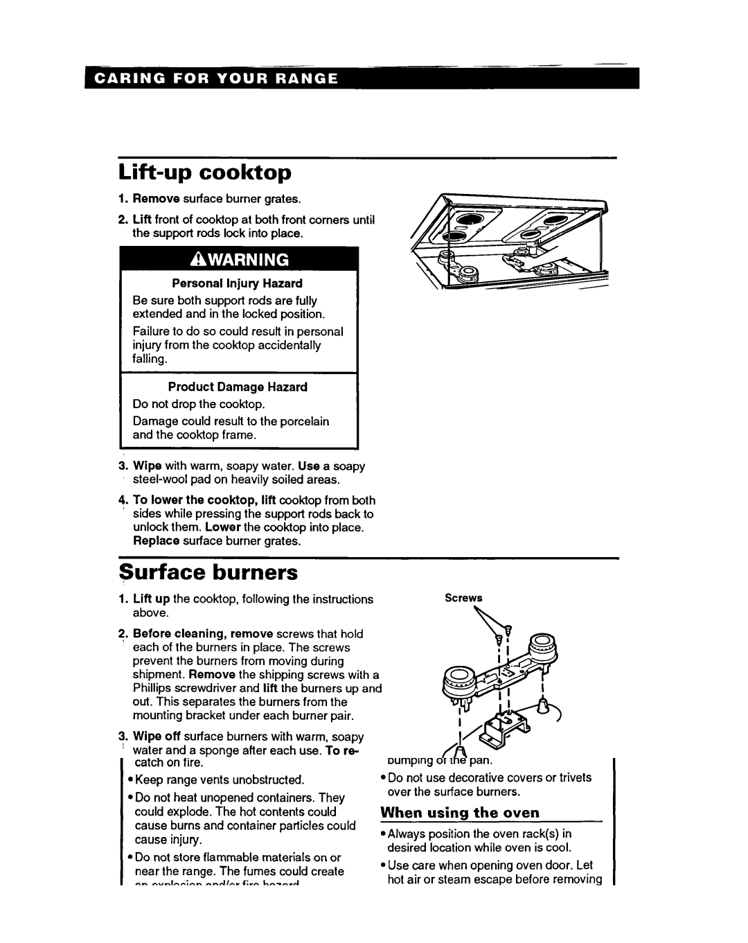 Roper FGS395B important safety instructions Lift-up cooktop, Surface Burners 