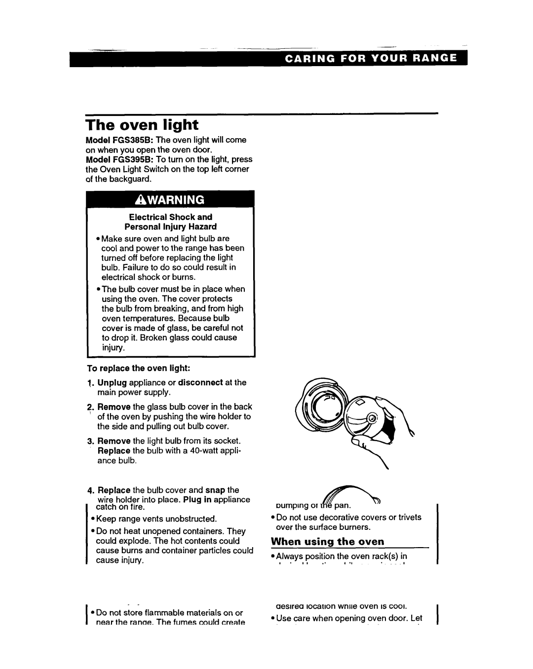 Roper FGS395B important safety instructions Oven light 